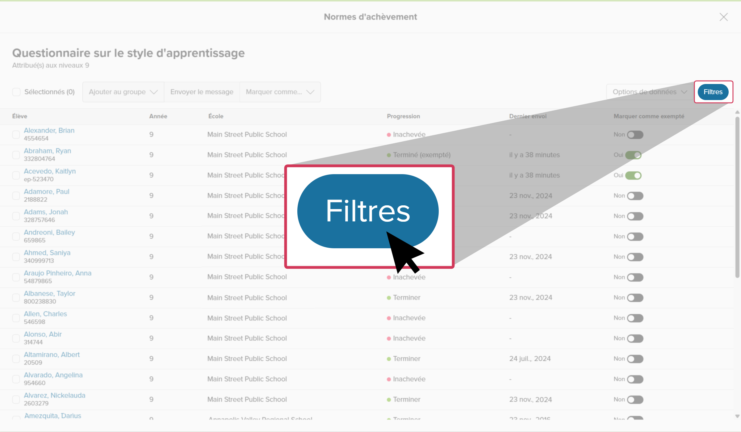 Compte éducateur dans Xello. Le rapport Normes d’achèvement du questionnaire Les styles d’apprentissage est ouvert. Cliquez sur Filtres